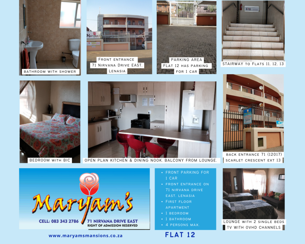 View our Apartments at Maryams Mansions to see which one will be best suited to your needs, for any inquiries or help, feel free to Call +27833432786.Apartments in Lenasia Self Catering Accommodation Lenasia Holiday Apartments Lenasia Family Accommodation Lenasia Short Stay Accommodation Johannesburg South Business Accommodation Lenasia Affordable Accommodation Lenasia Overnight Accommodation Lenasia Furnished Apartments Lenasia Guest Accommodation Lenasia Accommodation Near Trade Route Mall Accommodation Near Lenasia South Hospital Long Stay Apartments Lenasia