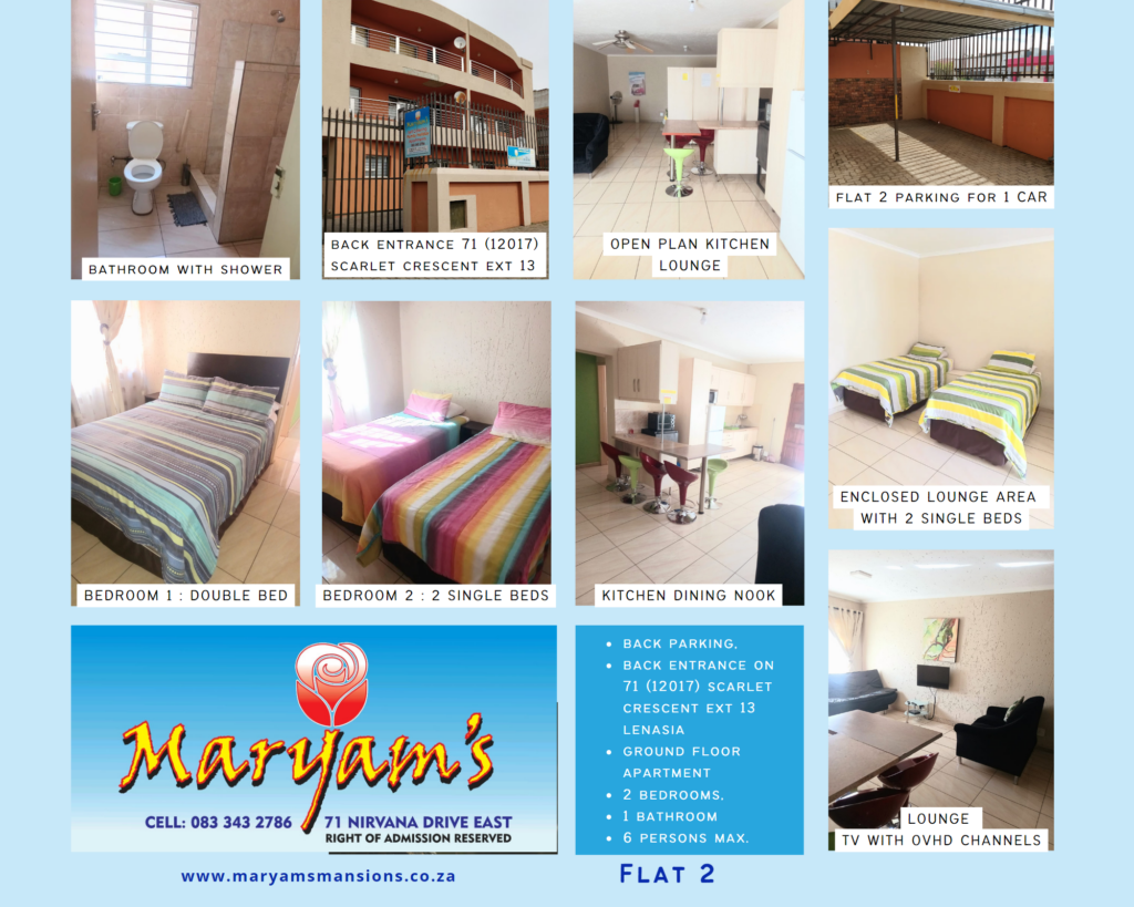 View our Apartments at Maryams Mansions to see which one will be best suited to your needs, for any inquiries or help, feel free to Call +27833432786.Apartments in Lenasia Self Catering Accommodation Lenasia Holiday Apartments Lenasia Family Accommodation Lenasia Short Stay Accommodation Johannesburg South Business Accommodation Lenasia Affordable Accommodation Lenasia Overnight Accommodation Lenasia Furnished Apartments Lenasia Guest Accommodation Lenasia Accommodation Near Trade Route Mall Accommodation Near Lenasia South Hospital Long Stay Apartments Lenasia