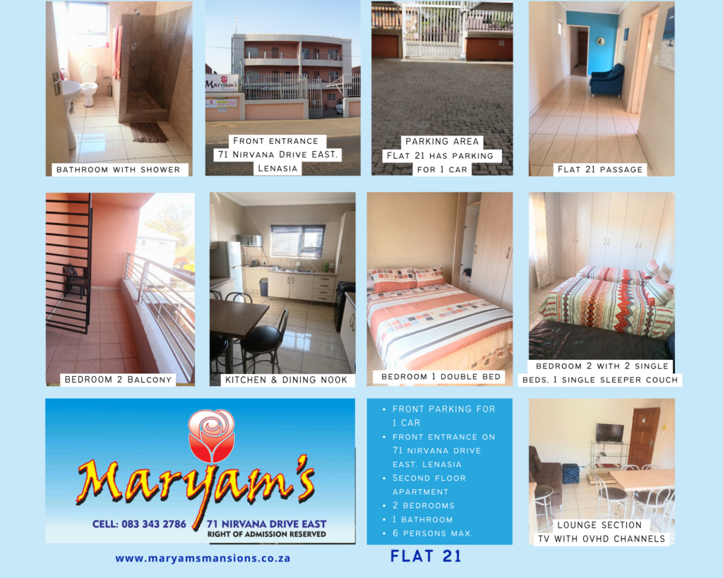 View our Apartments at Maryams Mansions to see which one will be best suited to your needs, for any inquiries or help, feel free to Call +27833432786.Apartments in Lenasia Self Catering Accommodation Lenasia Holiday Apartments Lenasia Family Accommodation Lenasia Short Stay Accommodation Johannesburg South Business Accommodation Lenasia Affordable Accommodation Lenasia Overnight Accommodation Lenasia Furnished Apartments Lenasia Guest Accommodation Lenasia Accommodation Near Trade Route Mall Accommodation Near Lenasia South Hospital Long Stay Apartments Lenasia