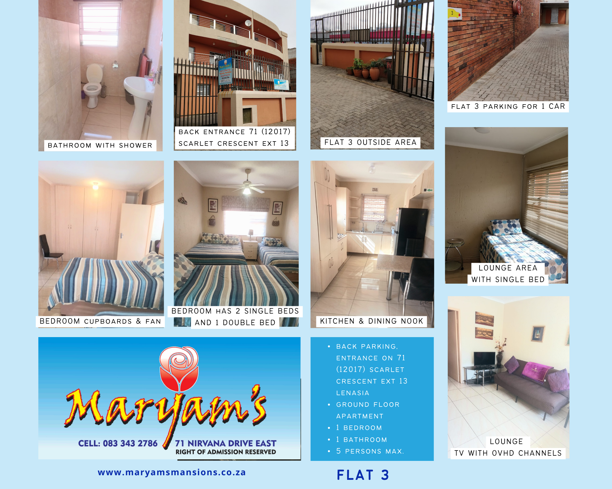 View our Apartments at Maryams Mansions to see which one will be best suited to your needs, for any inquiries or help, feel free to Call +27833432786.Apartments in Lenasia Self Catering Accommodation Lenasia Holiday Apartments Lenasia Family Accommodation Lenasia Short Stay Accommodation Johannesburg South Business Accommodation Lenasia Affordable Accommodation Lenasia Overnight Accommodation Lenasia Furnished Apartments Lenasia Guest Accommodation Lenasia Accommodation Near Trade Route Mall Accommodation Near Lenasia South Hospital Long Stay Apartments Lenasia